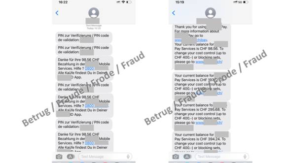Screenshots zeigen die betrügerischen Mitteilungen