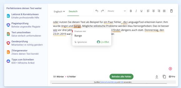 Das Tool findet 6 von 9 Fehlern im Beispielsatz