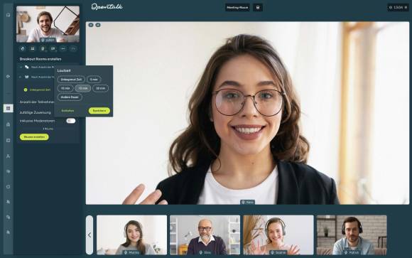 Eine OpenTalk-Videokonferenz, darin sind die Funktionen für Breakout-Rooms geöffnet