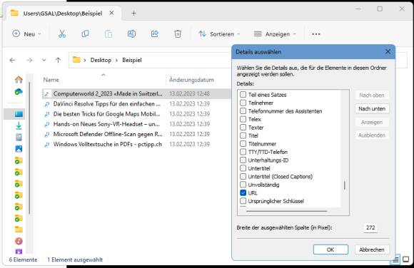 Screenshot des Windows-Explorers mit der Spaltenauswahl