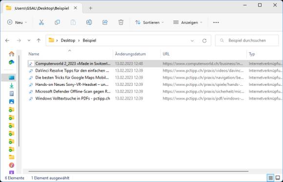 Screenshot des Explorer-Fensters, hier mit eingeblendeter URL-Spalte