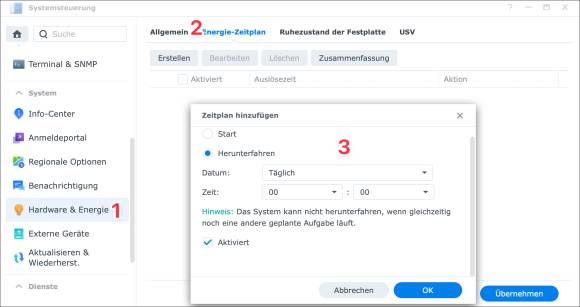 Ein Screenshot der Energieeinstellungen zum Synology-NAS