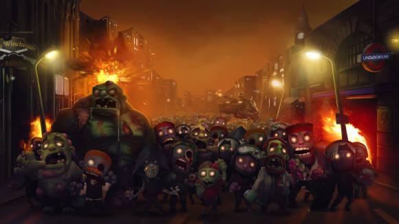 Eine Strasse im Cartoon-Stil, die von Zombies überrannt wird