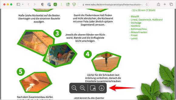 Screenshot einer in Safari geöffneten PDF-Anleitung, im unteren Teil sind die Bedienelemente markiert
