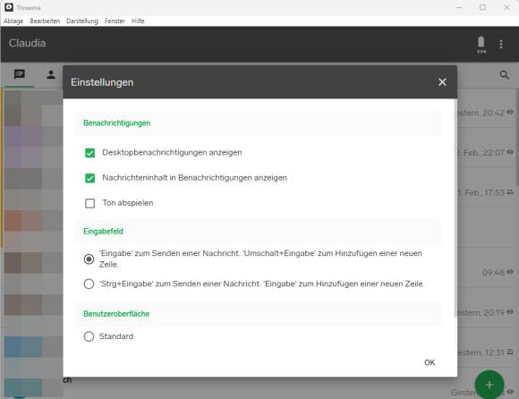 Die Einstellungen zu den Desktop-Benachrichtigungen in Threema