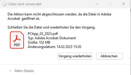 Meldung: Aktion kann nicht abgeschlossen werden.