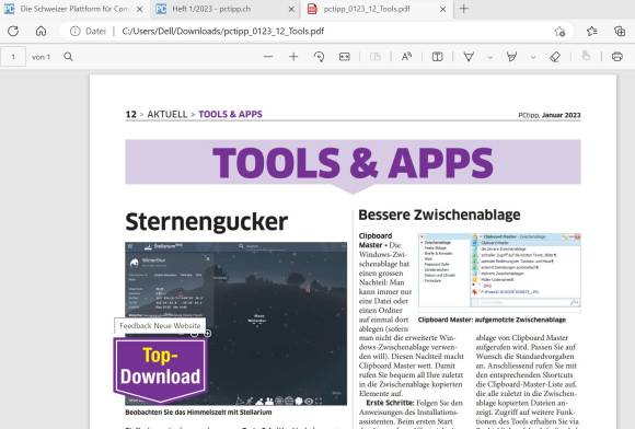 PDF eines PCtipp-E-Paper-Artikels (Tools & Apps) in Microsoft Edge 