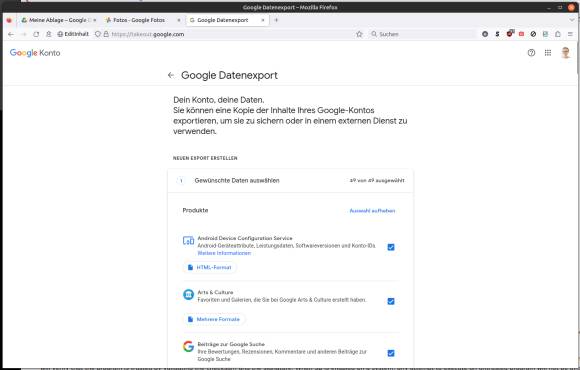 Die Google-Datenexport-Seite