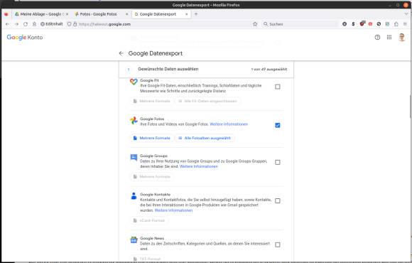 Die Option Google Fotos im Google-Datenexport