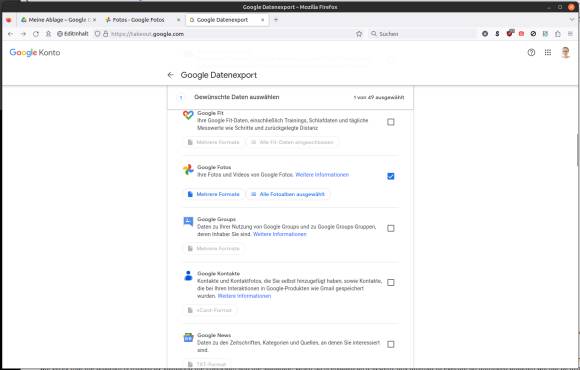 Die Option Google Fotos im Google-Datenexport