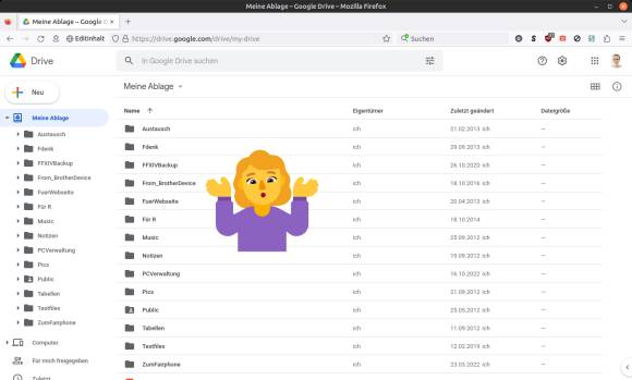 Screenshot von Google-Drive. Darauf ein schulterzuckendes Emoji 