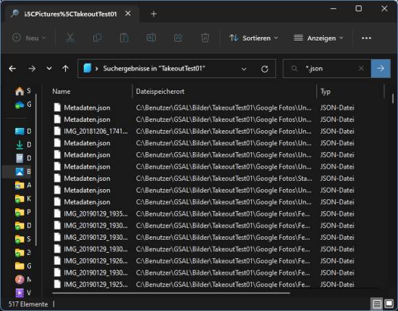Windows-Explorer zeigt alle gefundenen .json-Dateien an
