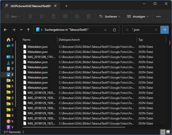 Die gefundenen .json-Dateien Windows-Explorer zeigt alle gefundenen .json-Dateien an