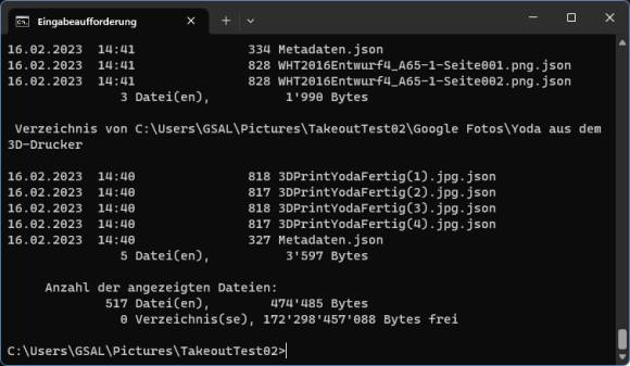 Freiwillig ist der Befehl dir *.json /s, der die Dateien auflistet und die Gesamtanzahl der zutreffenden Dateien ausgibt (hier: 517) Screenshot aus der Eingabeaufforderung