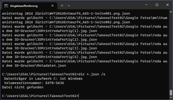 Die *.json-Dateien wurden gelöscht und die Prüfung mit dir *.json /s zeigt, dass keine passenden Dateien mehr gefunden werden Screenshot aus der Eingabeaufforderung