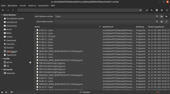 Screenshot zeigt die gefundenen Dateien im Linux-Dateimanager Nemo