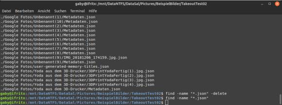 In der Linux-Konsole lassen sich mit find -name "*.json" -delete alle Dateien des Typs «.json» im aktuellen Ordner und allen Unterordnern löschen Screenshot aus der Linux-Konsole