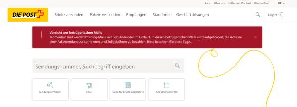 Screenshot der Warnung auf der Post-Webseite