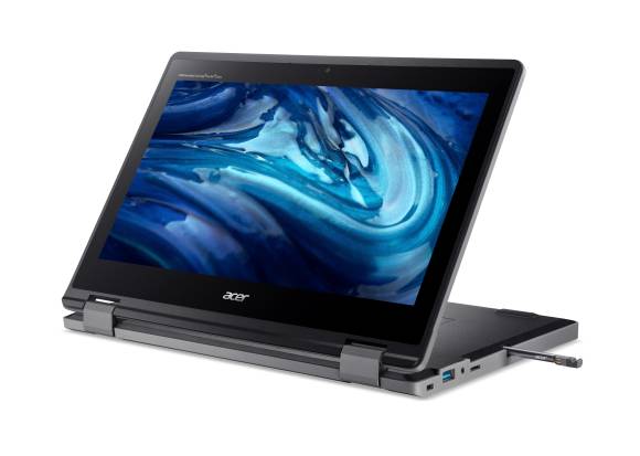 Aus dem Gehäuse des Acer Travelmate B3 Spin 11 guckt der halb darin verstaute Stift 