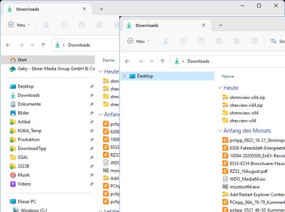 Links Originalansicht und rechts geänderte Ansicht des Windows-11-Datei-Explorers 
