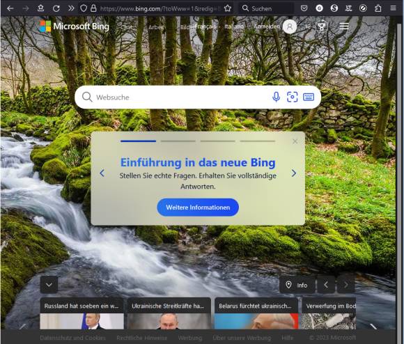 Screenshot der Bing-Suchmaschine mit Chat-GPT-Info-Banner 