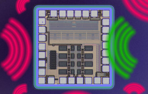 Vergrösserte Darstellung des Chips, umgeben von Darstellungen von Funkwellen 