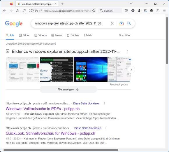 Screenshot einer Suche mit dem "after"-Parameter