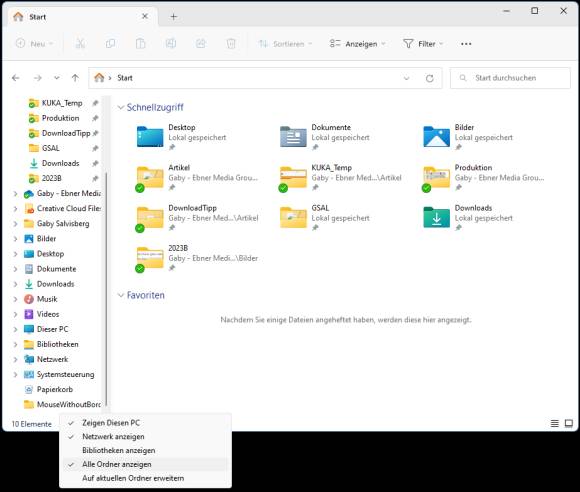 Screenshot des Kontextmenüs, mit dem "Alle Ordner anzeigen" deaktiviert