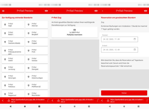 Drei Screenshots aus der Park&Rail-Preview-App 