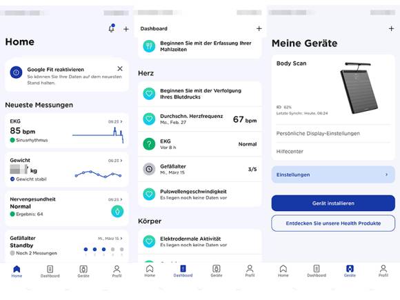 Screenshots zeigen verschiedene Ansichten der Withings Health App