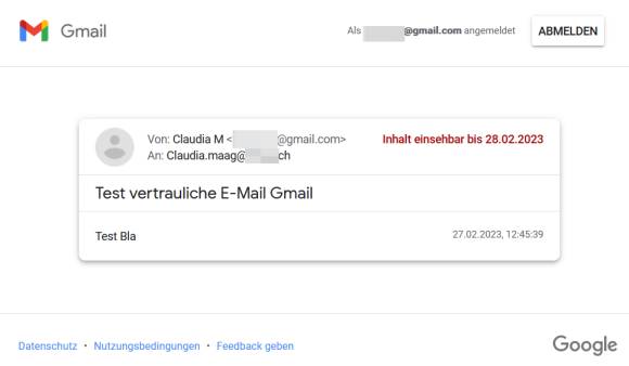 So sieht die vertrauliche Mail bei einer Empfängerin aus