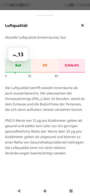 App-Screenshot mit Infos zur Luftqualität