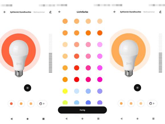 Drei Screenshots der Ikea-Home-Smart-App: Farbe der Birne ändern