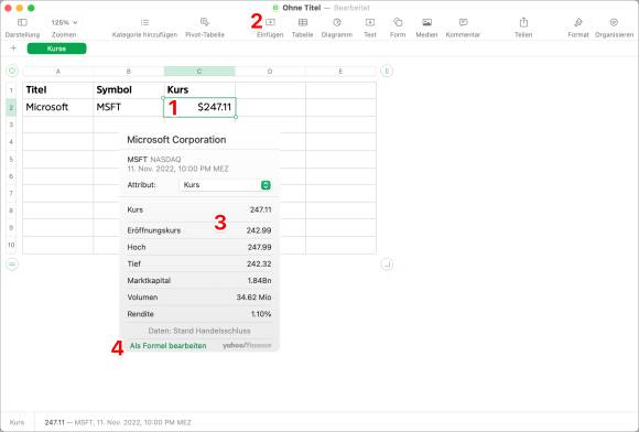 In einer Zelle wird der Börsenkurs von Microsoft abgerufen