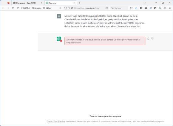 Screenshot zeigt eine Fehlermeldung