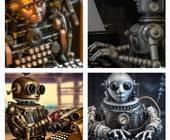 Vier von DALL-E erzeugte Bilder aufgrund der Anweisung, einen an einer Schreibmaschine tippenden Roboter zu zeigen