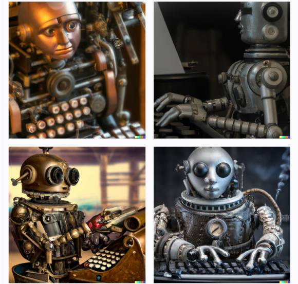 Vier von DALL-E erzeugte Bilder aufgrund der Anweisung, einen an einer Schreibmaschine tippenden Roboter zu zeigen 