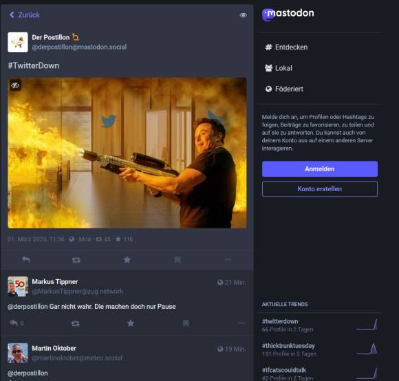 Mastodon-Posting von Postillon zeigt Elon Musk in der Twitter-Zentrale mit einem Flammenwerfer