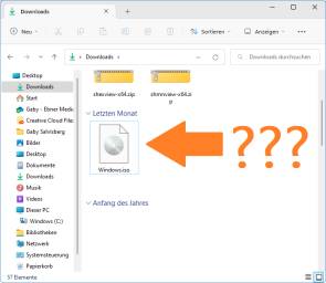 Explorer-Fenster mit einer "Windows.iso"-Datei und drei Fragezeichen 
