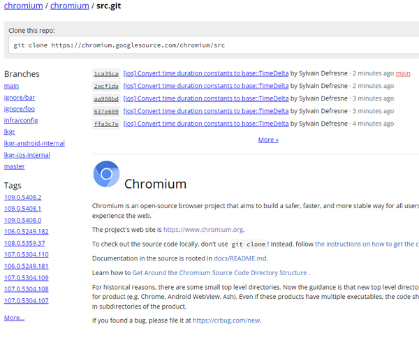 Screenshot der Chromium-Entwicklungsplattform auf Git