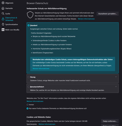 Screenshot der Tracking-Schutz- und Privatsphären-Einstellungen im Mozilla Firefox