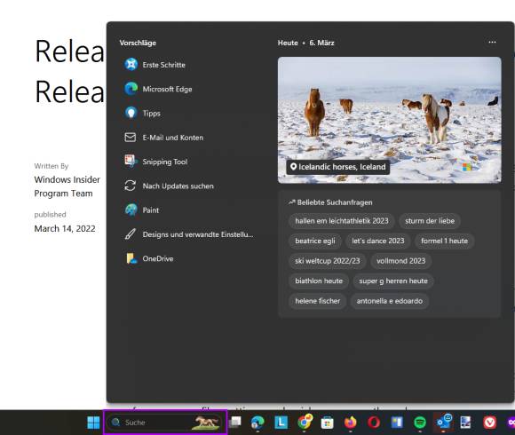 Im Taskleisten-Suchfeld ein Pony-Symbol, im darüber geöffneten Ausklappmenü ein Bild mit Infos über Island-Ponys 