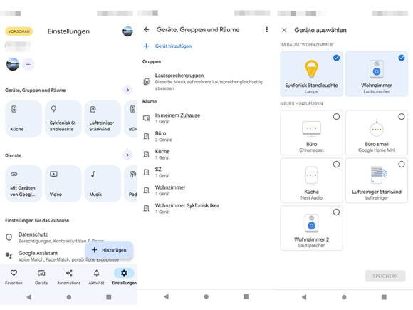 Drei Screenshots der App Google Home (Beta) 
