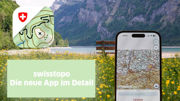 Swisstopo-Logo und die App auf einem Smartphone 