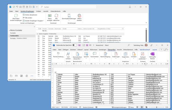 Im Hintergrund Outlook-Adressen, im Vordergrund dieselben Adressen in Word 