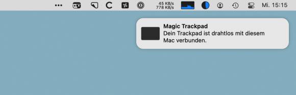 Mitteilung am Mac, dass das Magic Trackpad jetzt auch über Bluetooth verbunden ist