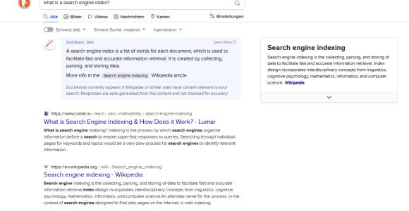 Die DuckAssist-Antwort auf die englische Frage "what is a search engine index"