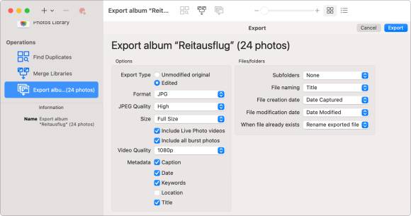 Der Export-Dialog von PowerPhotos