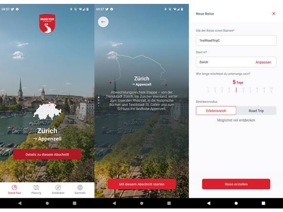Drei Screenshots zeigen das Planen einer Reise innerhalb der Schweiz 