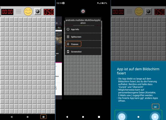 Screenshots zeigen das Fixieren einer App anhand des Minesweeper-Spiels